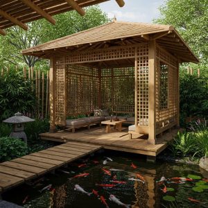 Gazebo jati bergaya zen garden dengan atap limasan